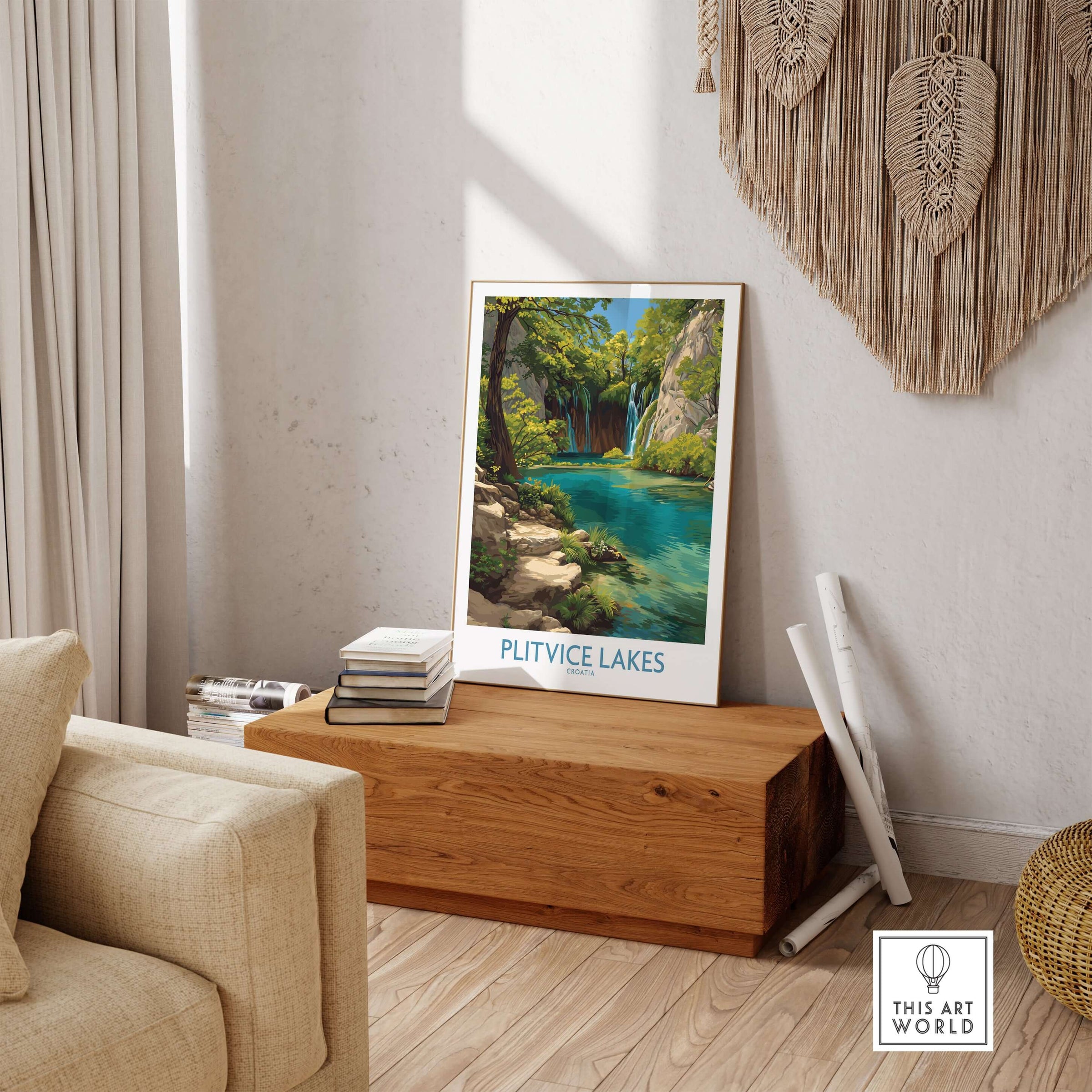 Plitvice Lakes National Park Print, Croatia Travel Poster, Turquoise Water Wall Art displayed in a stylish room.