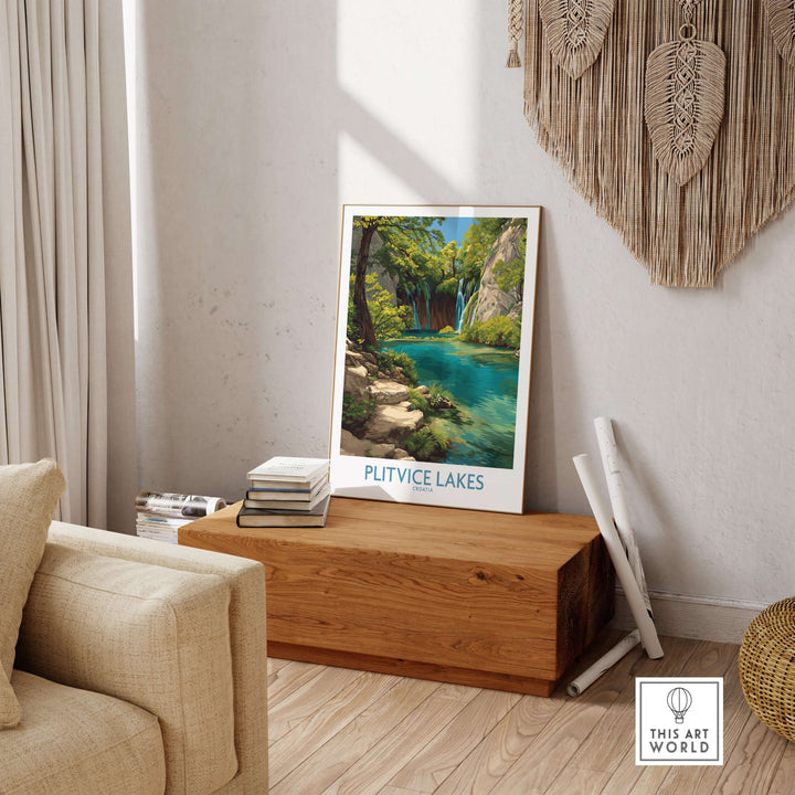 Plitvice Lakes National Park print in living room with turquoise water, nature wall art, and cozy decor.