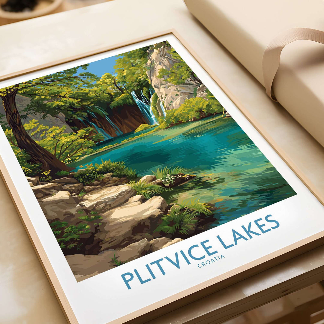 Plitvice Lakes National Park print showcasing turquoise waters and lush greenery, perfect for wall art decor.