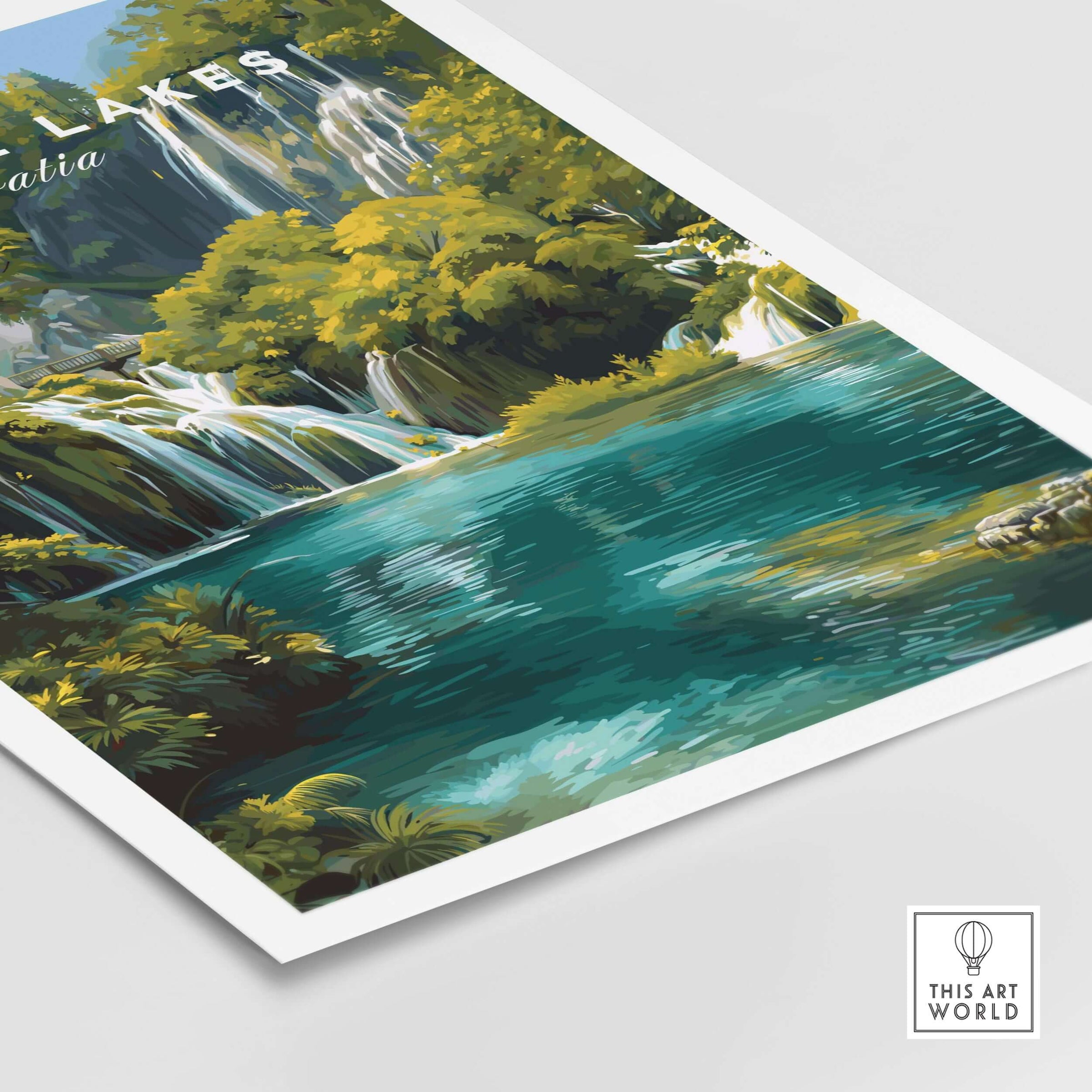 Plitvice Lakes National Park Print, Croatia Travel Poster featuring turquoise waters and lush greenery.