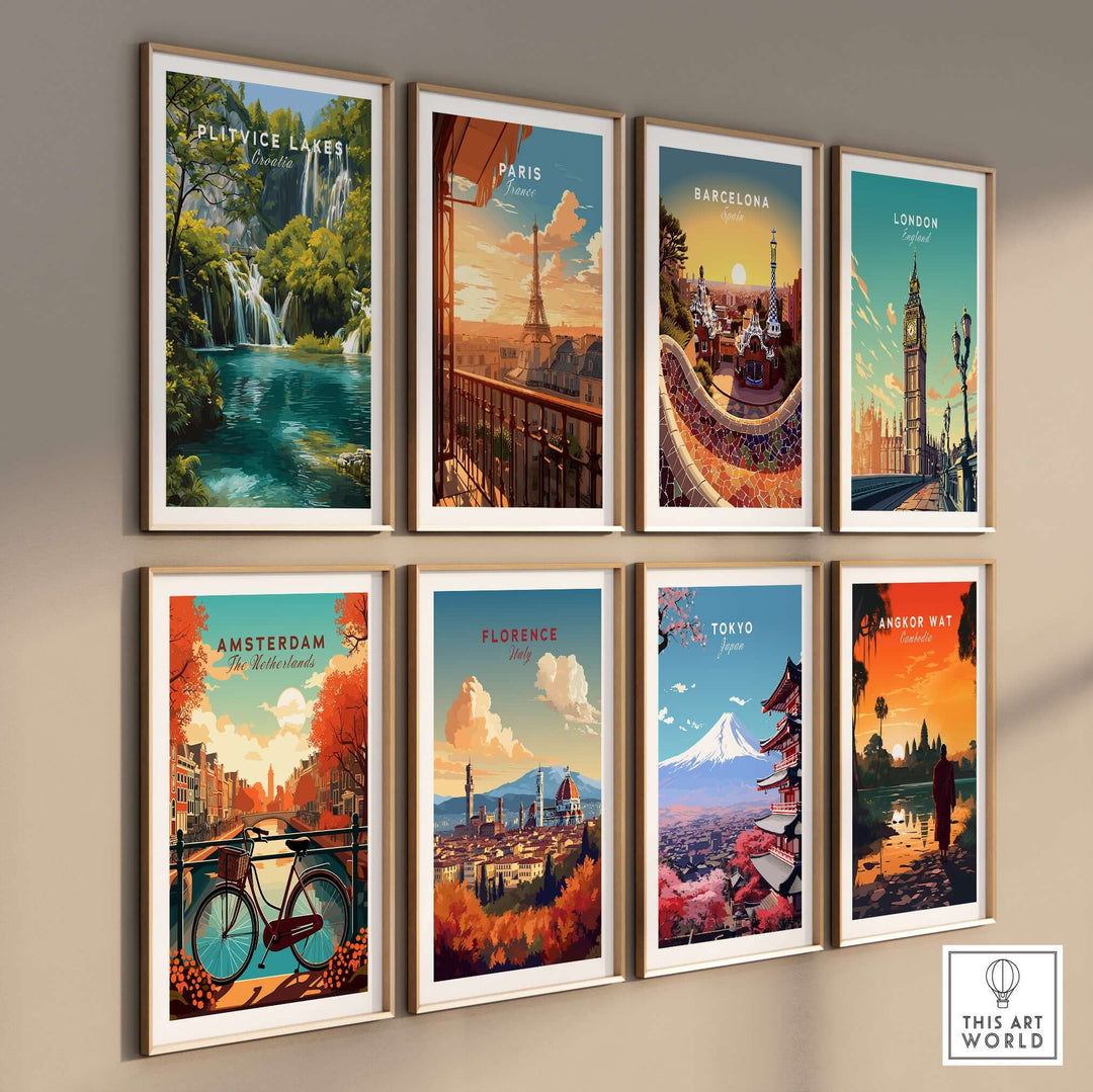 Collage of travel posters including Plitvice Lakes and iconic cities like Paris, Barcelona, and London.