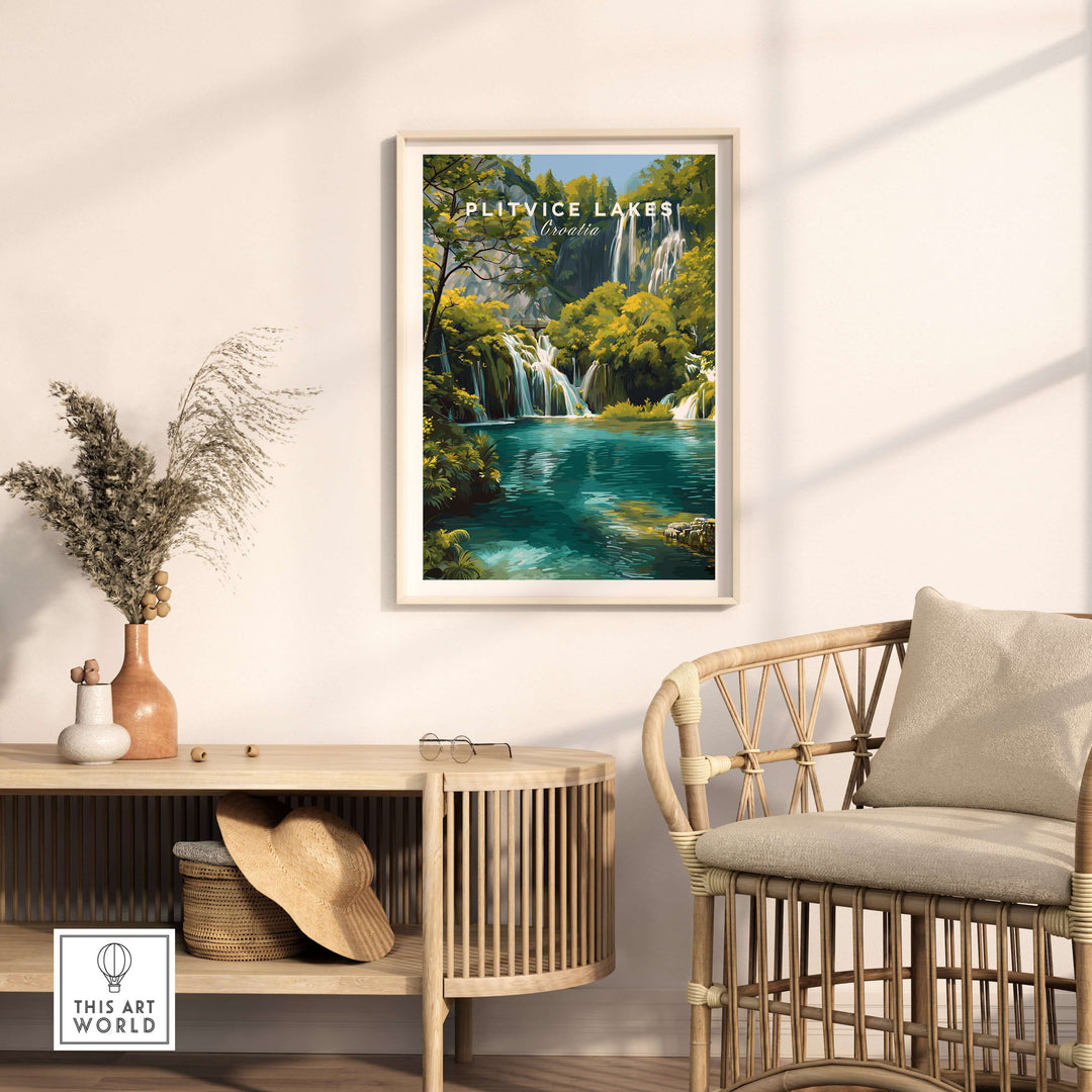 Plitvice Lakes National Park travel poster featuring turquoise waters and lush greenery in a cozy room setting.