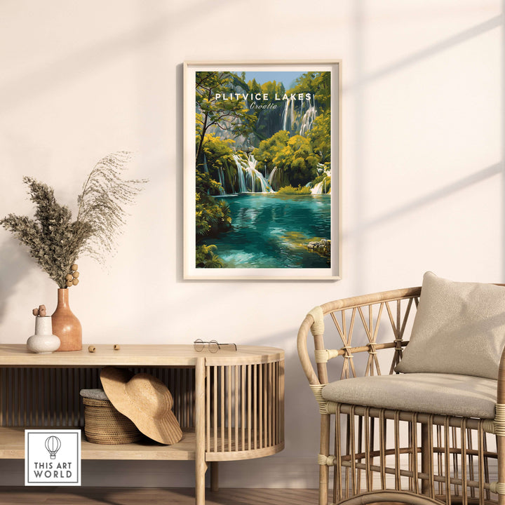 Plitvice Lakes National Park travel poster featuring turquoise waters and lush greenery in a cozy room setting.