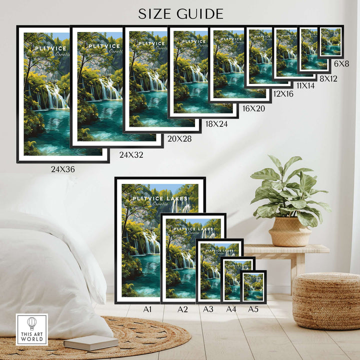 Size guide for Plitvice Lakes National Park print showcasing various frame dimensions in a stylish room setting.