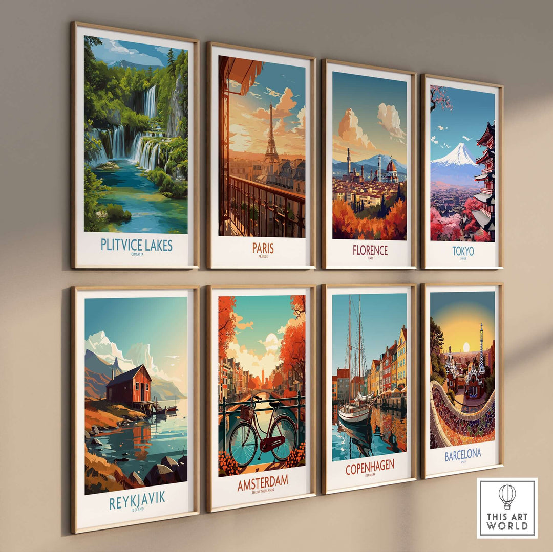 Gallery wall of travel posters featuring Plitvice Lakes, Paris, Florence, Tokyo, Reykjavik, Amsterdam, Copenhagen, and Barcelona.