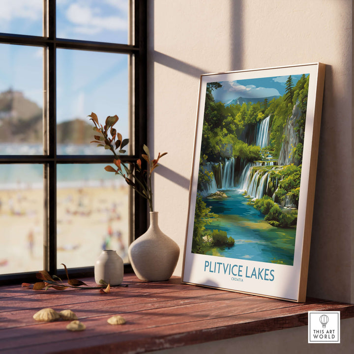 Plitvice Lakes National Park poster showcasing vibrant waterfalls in a sunny interior setting.