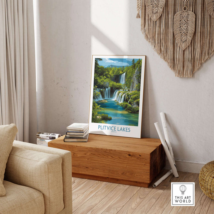 Plitvice Lakes National Park poster showcasing vibrant waterfalls in a cozy living space.