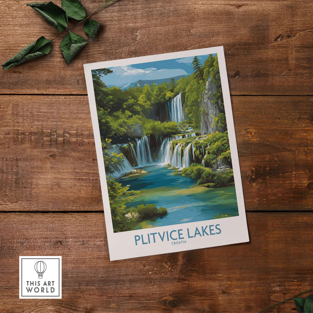 Plitvice Lakes National Park poster featuring vibrant layered waterfalls in Croatia, ideal for nature-inspired wall decor.