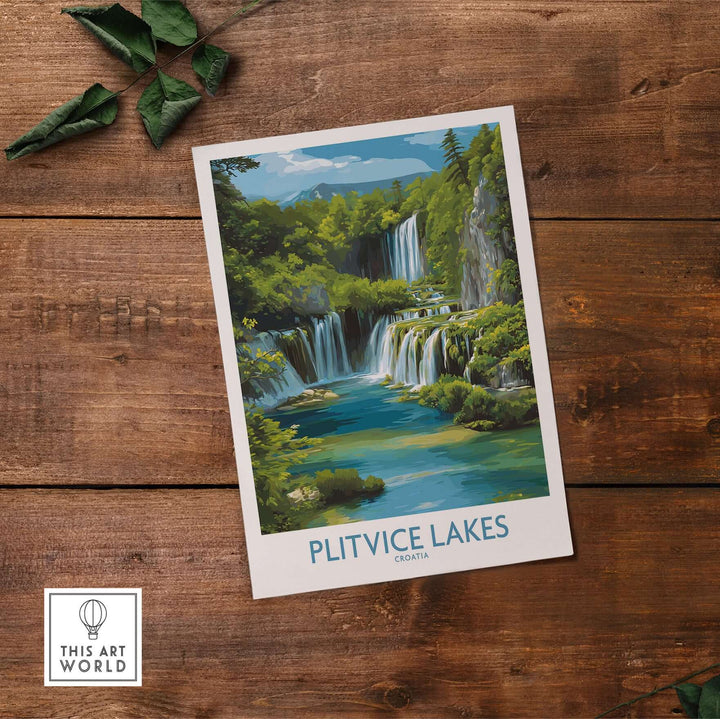 Plitvice Lakes National Park poster featuring vibrant layered waterfalls in Croatia, ideal for nature-inspired wall decor.