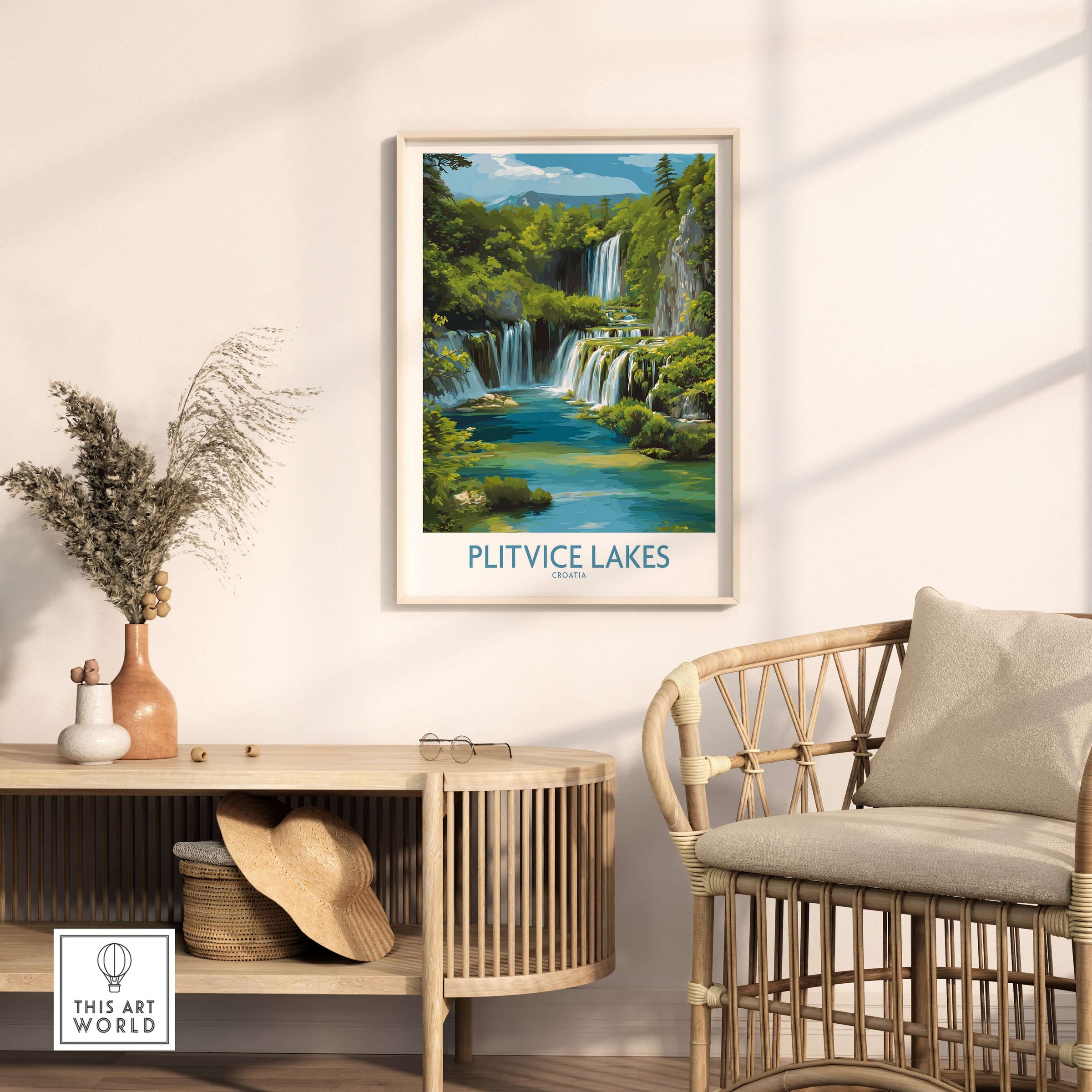 Plitvice Lakes National Park Poster, Croatia Waterfall Print, Layered Waterfall Wall Art displayed in a modern living room.