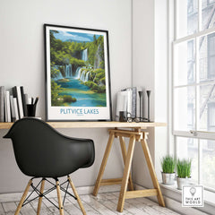 Plitvice Lakes National Park Poster, Croatia Waterfall Print, Layered Waterfall Wall Art displayed in a modern workspace.