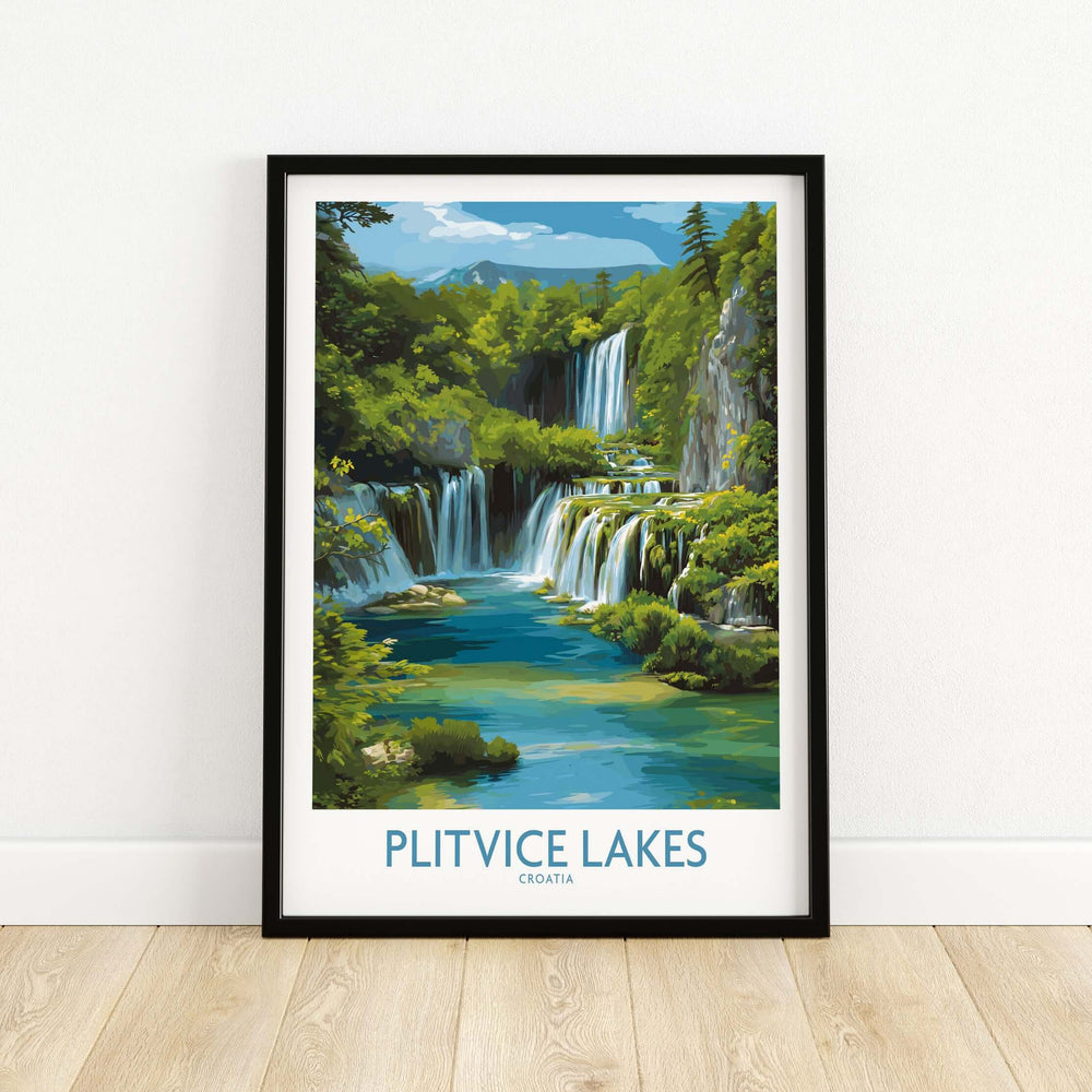 Plitvice Lakes National Park poster featuring vibrant waterfalls and lush greenery in Croatia.