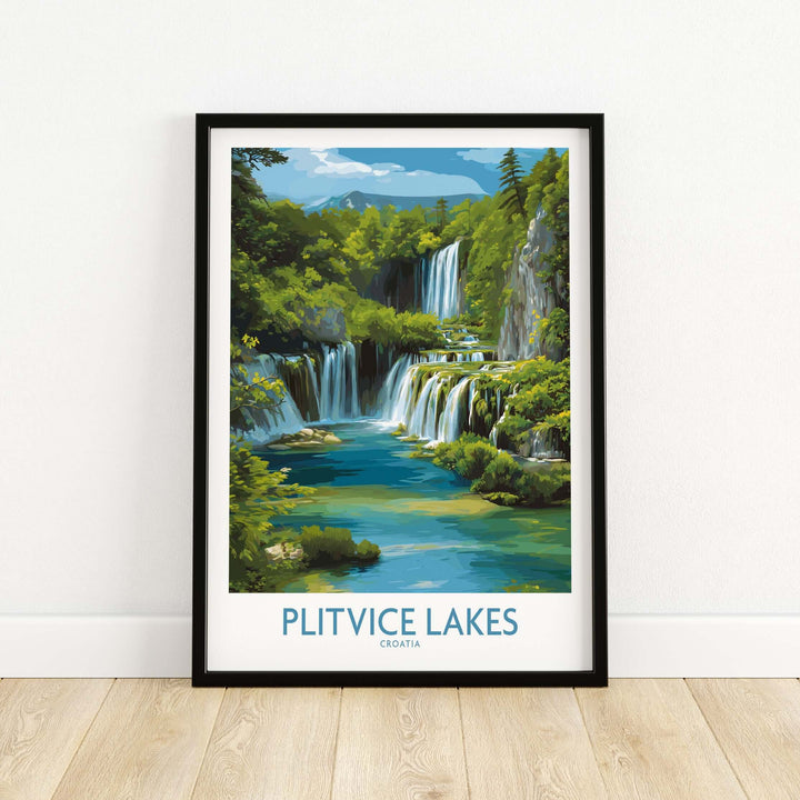 Plitvice Lakes National Park poster featuring vibrant waterfalls and lush greenery in Croatia.