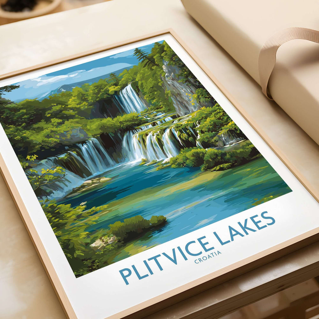 Framed Plitvice Lakes National Park poster featuring vibrant waterfalls and lush greenery in Croatia.