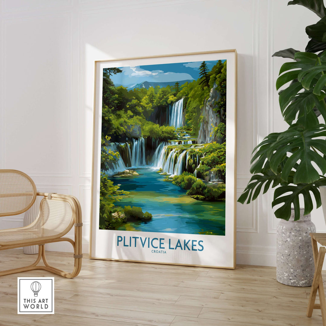 Plitvice Lakes National Park poster showcasing vibrant waterfalls and lush greenery, perfect wall art for nature lovers.