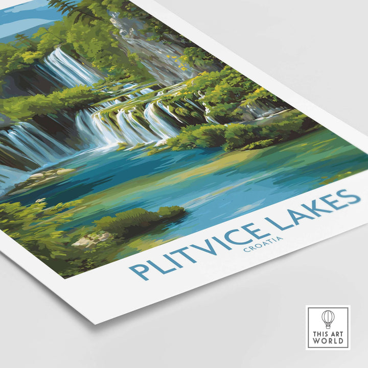 Plitvice Lakes National Park poster showcasing cascading waterfalls and vibrant blue waters, perfect for nature lovers.