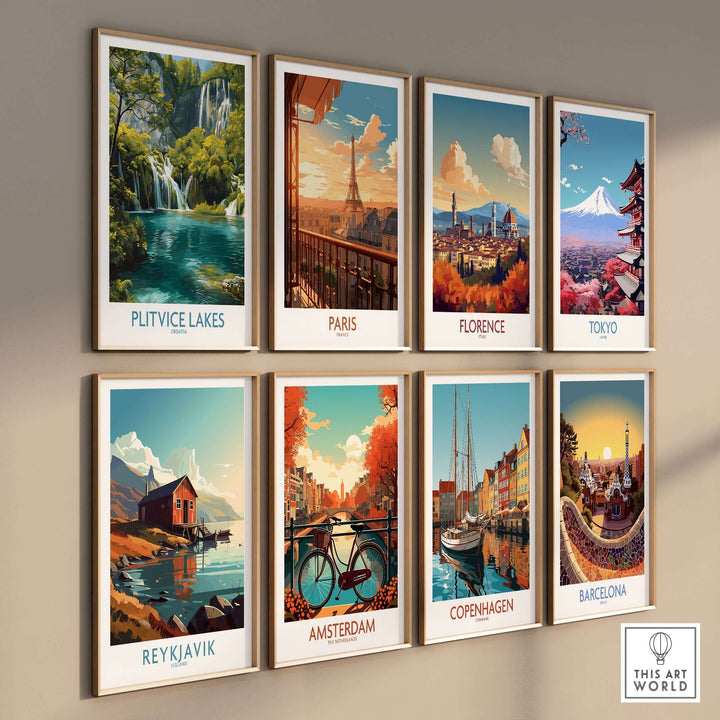 Gallery of travel posters featuring Plitvice Lakes, Paris, Florence, Tokyo, Amsterdam, Copenhagen, Reykjavik, and Barcelona.