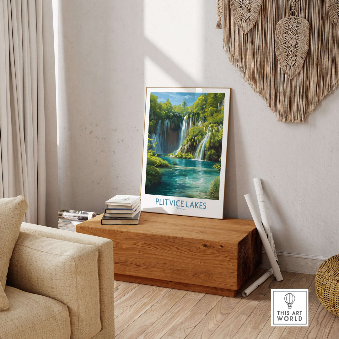 Plitvice Lakes Waterfall poster displayed in stylish living room decor, showcasing vibrant blue lake and serene nature scene.