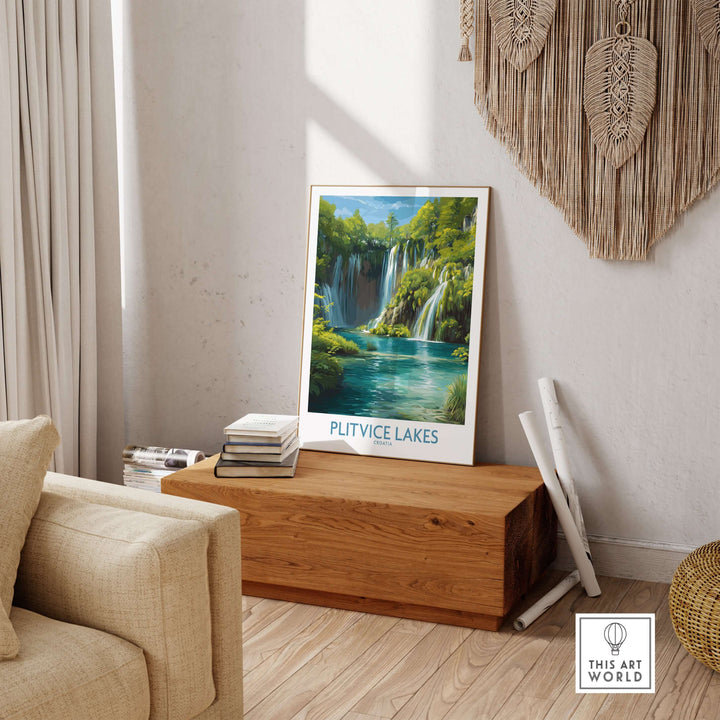 Plitvice Lakes Waterfall poster displayed in stylish living room decor, showcasing vibrant blue lake and serene nature scene.
