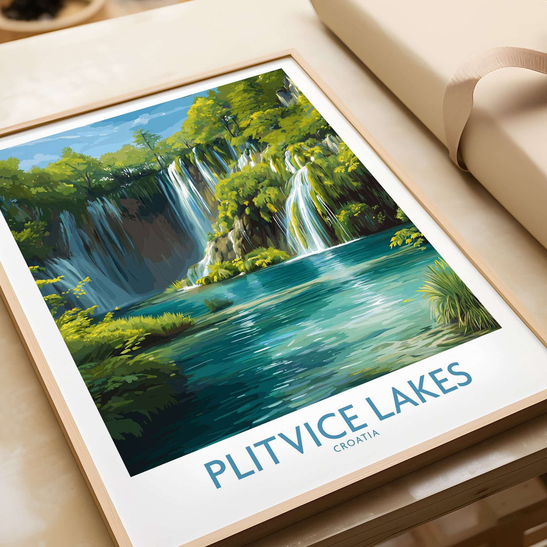 Plitvice Lakes waterfall poster showcasing vibrant blue lake and lush greenery, perfect for travel and nature decor.