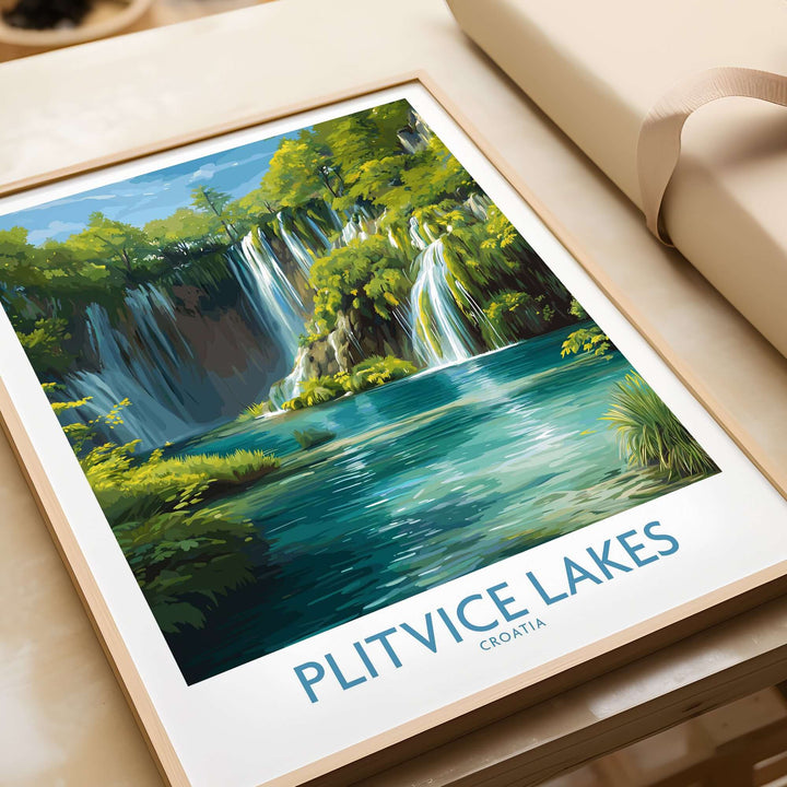 Plitvice Lakes waterfall poster showcasing vibrant blue lake and lush greenery, perfect for travel and nature decor.