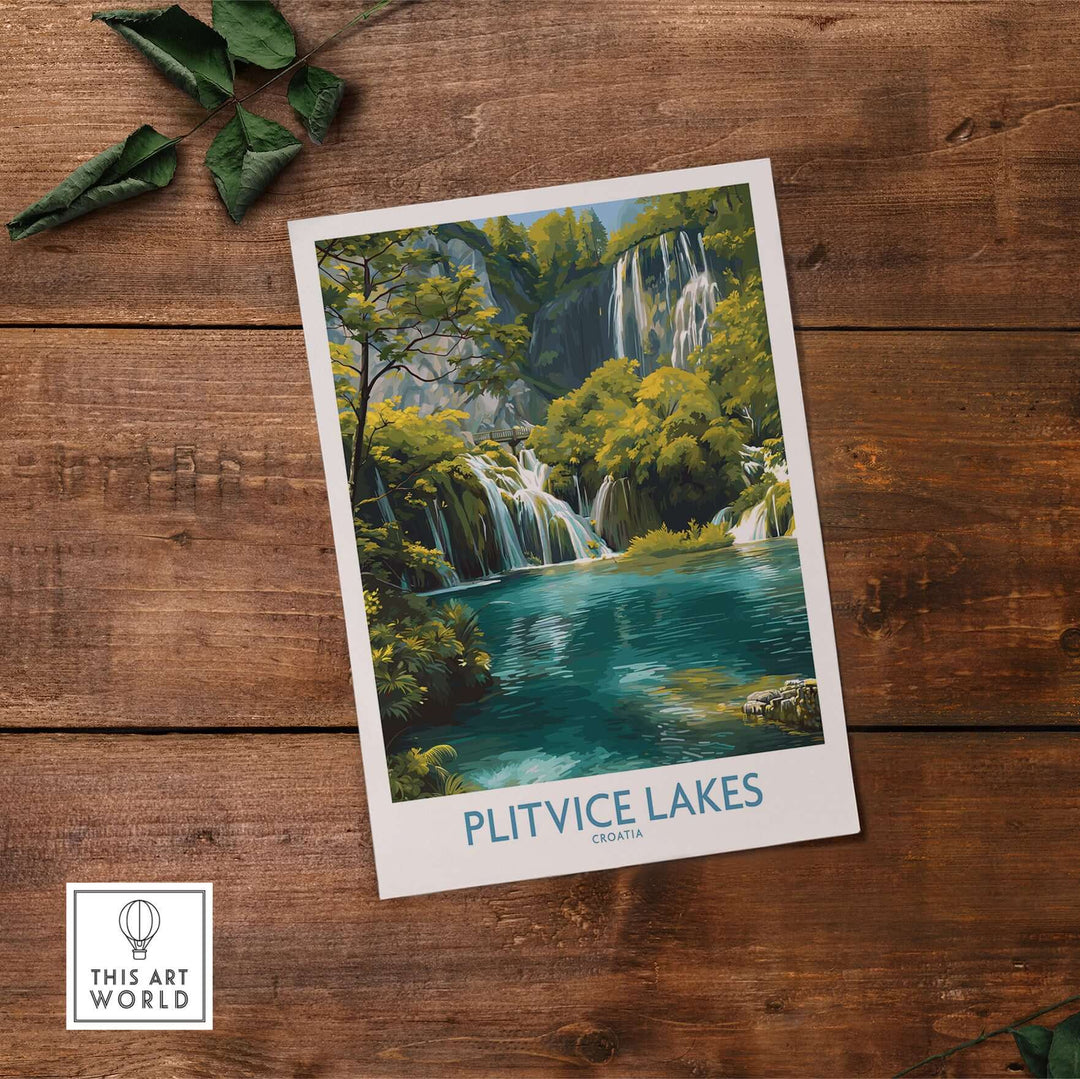 Plitvice Lakes waterfall poster showcasing lush landscape and cascading waters, perfect for nature lovers.
