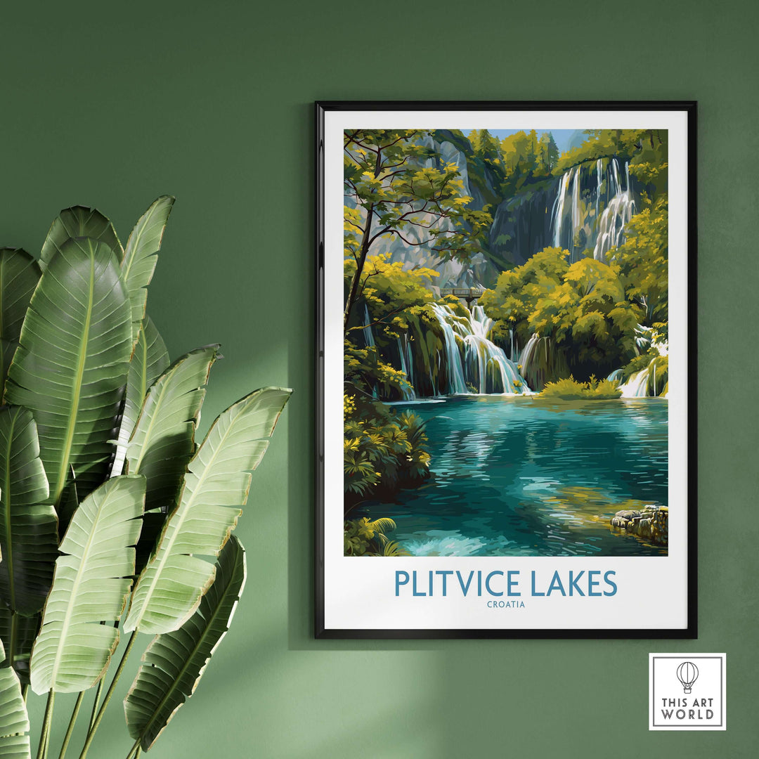 Plitvice Lakes waterfall poster showcasing lush landscape and cascading waters, perfect for home decor.