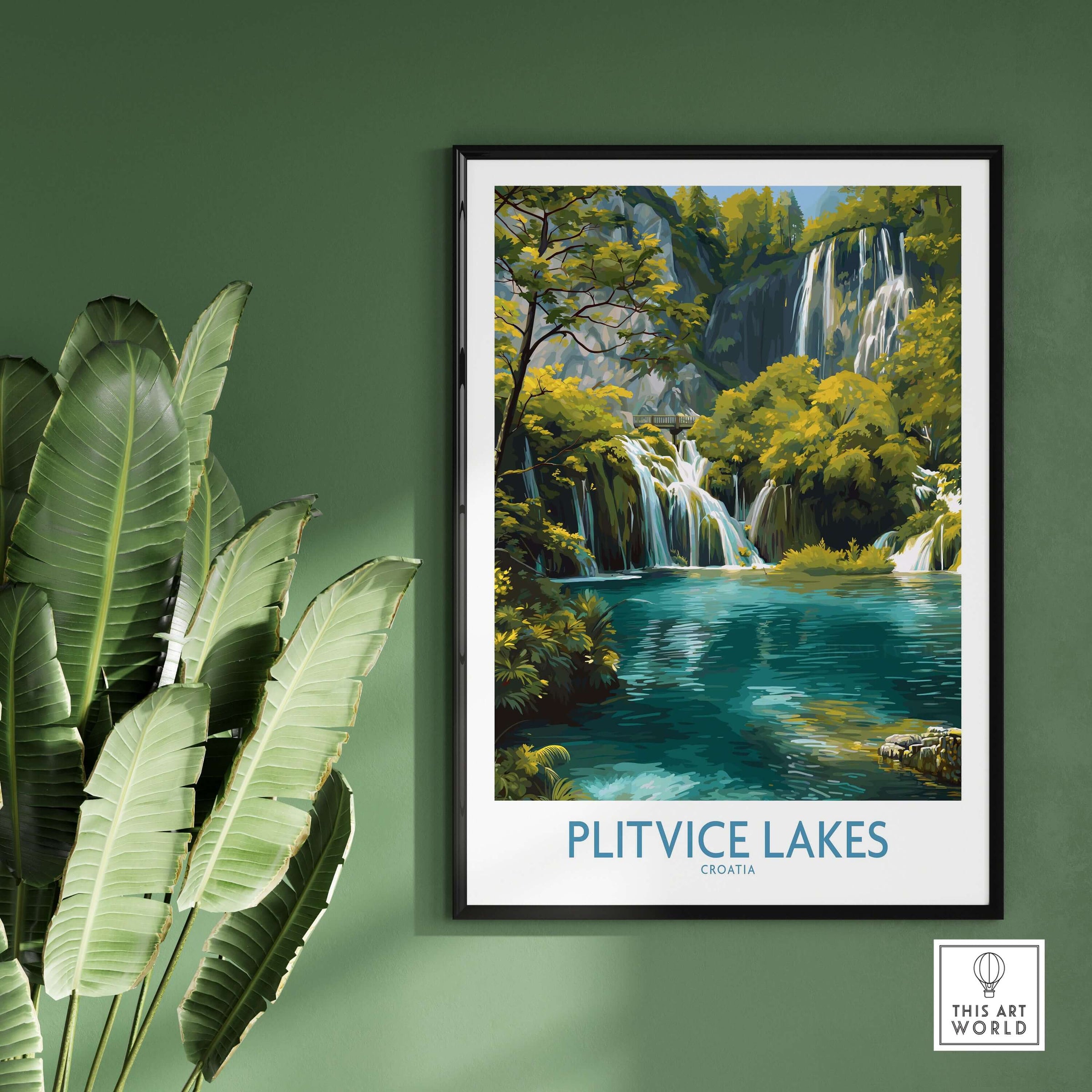 Plitvice Lakes Waterfall Poster, Croatia Landscape Print, National Park Wall Art showcasing a lush landscape with cascading waters.