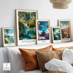Plitvice Lakes Waterfall Poster, Croatia Landscape Print, National Park Wall Art displayed on a stylish wall.