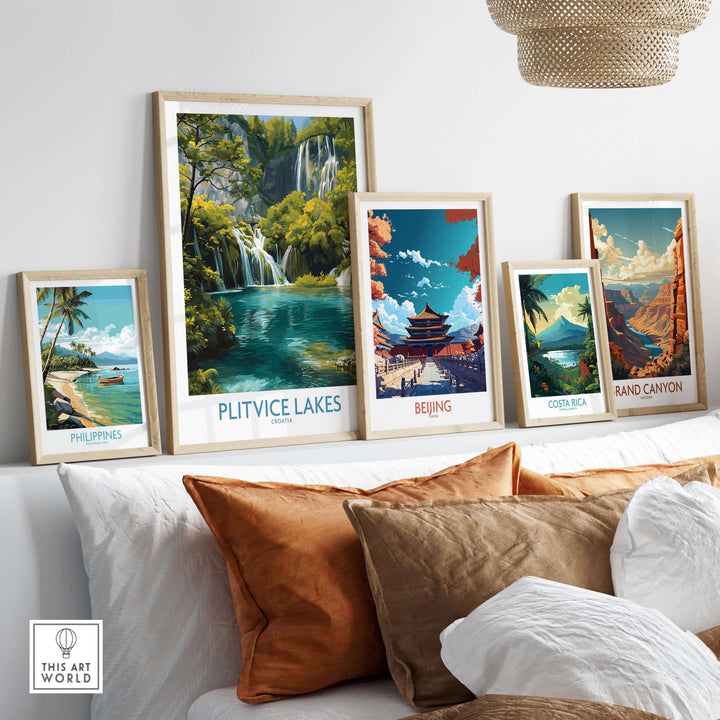 Framed Plitvice Lakes waterfall poster alongside travel art of Philippines, Beijing, Costa Rica, and Grand Canyon.