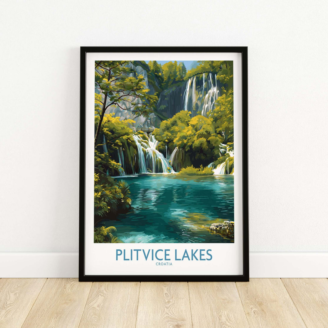 Plitvice Lakes waterfall poster showcasing vibrant blue waters and lush greenery in Croatia's National Park.