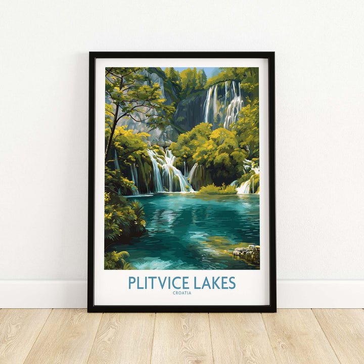 Plitvice Lakes waterfall poster showcasing vibrant blue waters and lush greenery in Croatia's National Park.