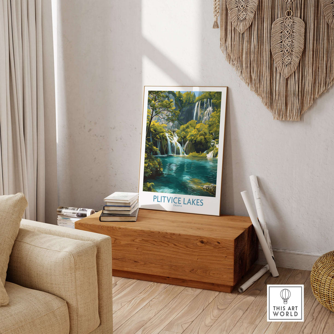 Plitvice Lakes waterfall poster displayed in a cozy living room, showcasing vibrant nature and tranquil scenery.