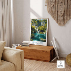 Plitvice Lakes Waterfall Poster, Croatia Landscape Print, National Park Wall Art displayed in a cozy living room setting.