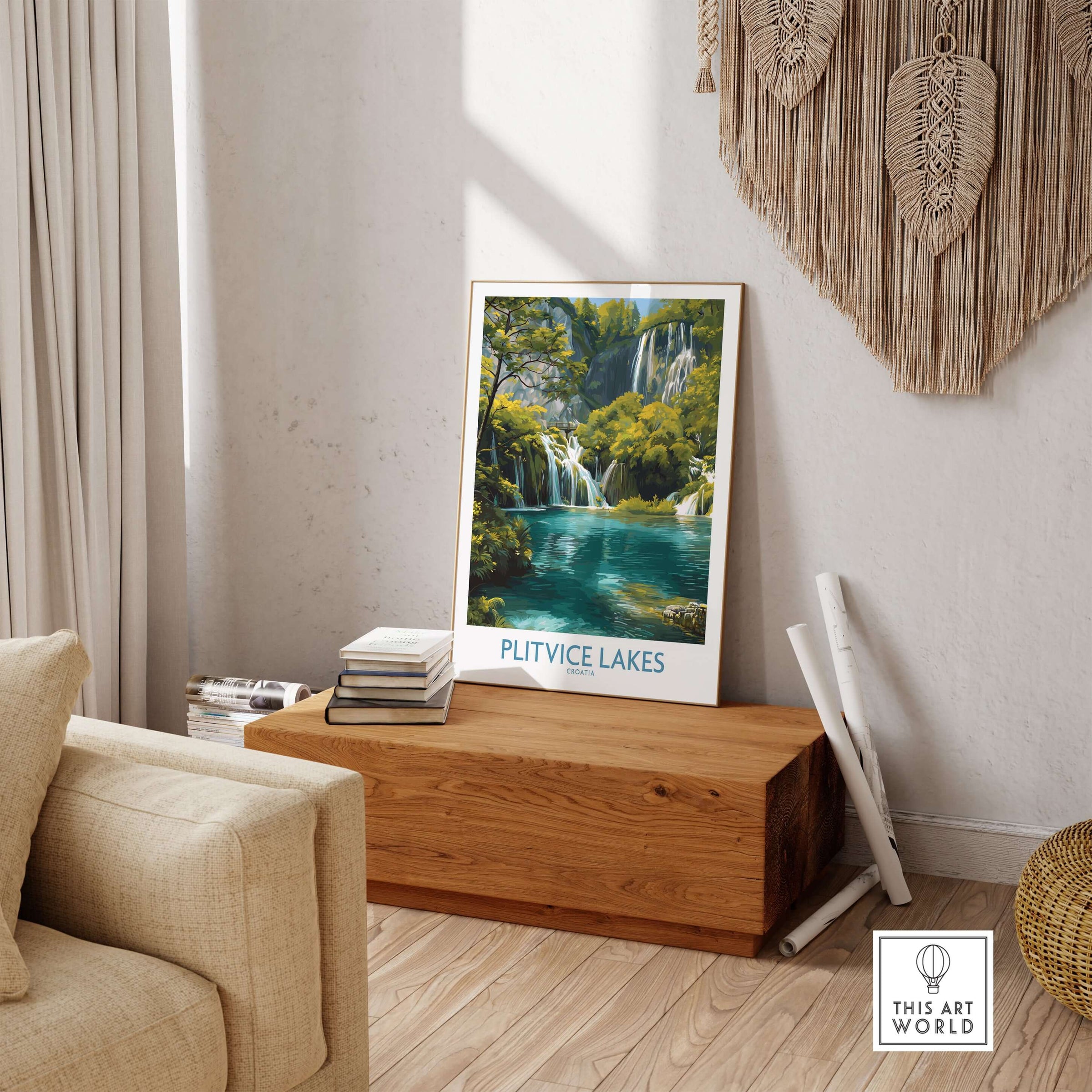 Plitvice Lakes Waterfall Poster, Croatia Landscape Print, National Park Wall Art displayed in a cozy living room setting.