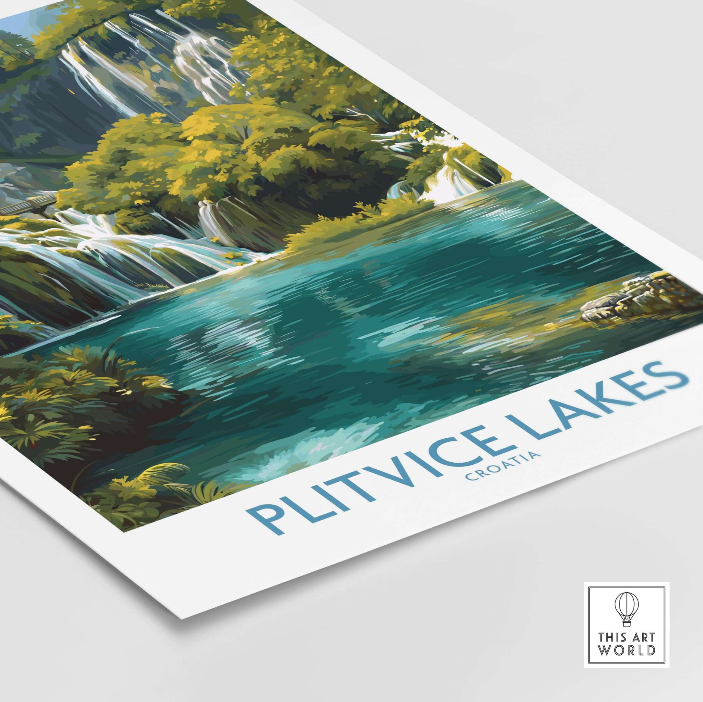 Plitvice Lakes Waterfall Poster, Croatia Landscape Print, National Park Wall Art featuring cascading waterfalls and lush scenery.