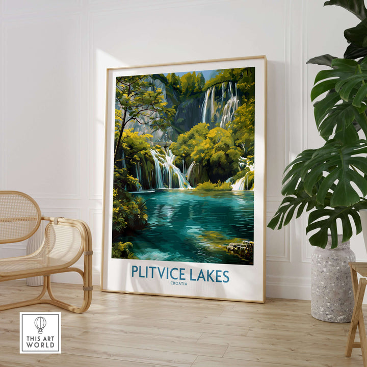 Plitvice Lakes waterfall poster showcasing vibrant landscape of Croatia's national park with serene waters.