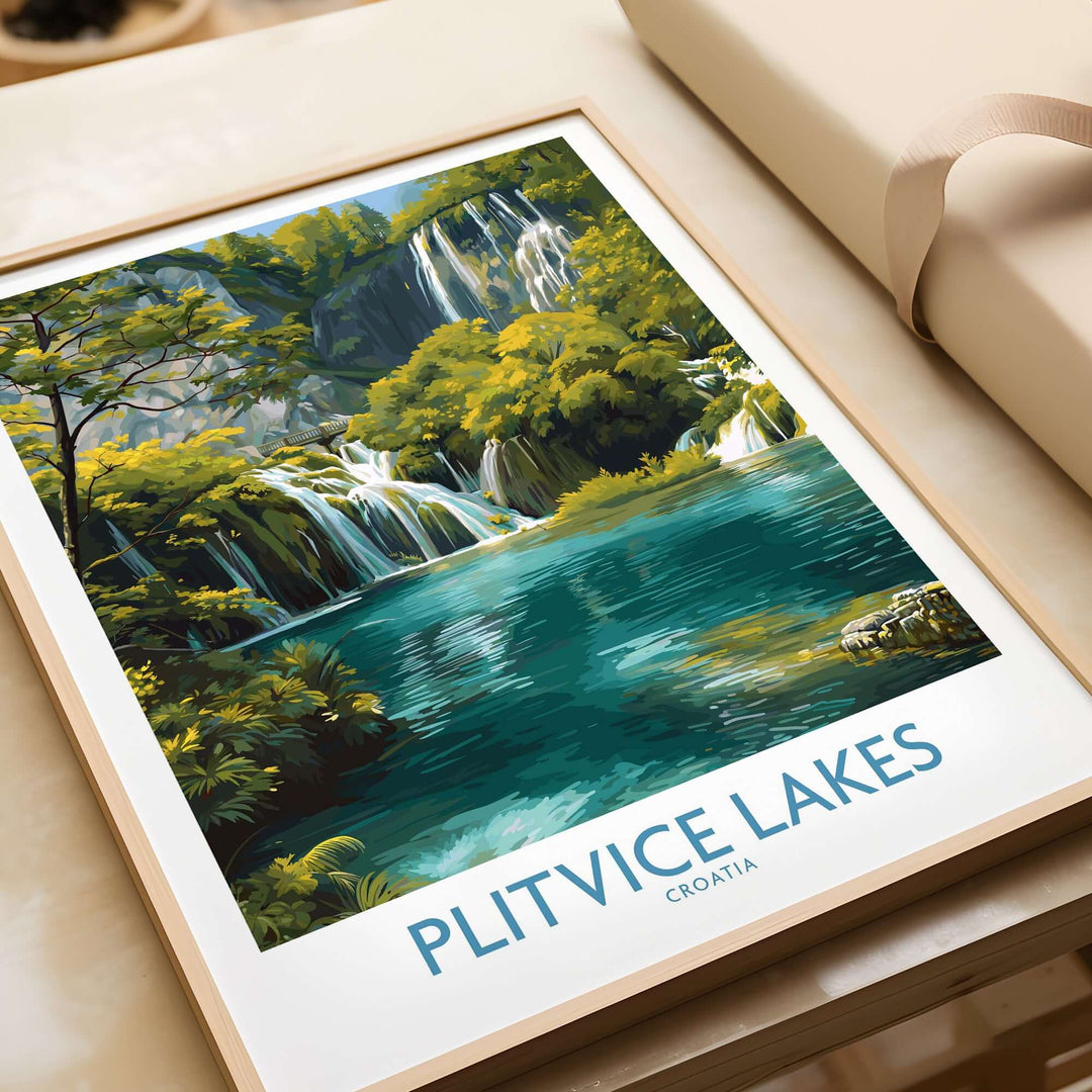 Plitvice Lakes waterfall poster, showcasing lush greenery and serene waters, perfect for home decor.