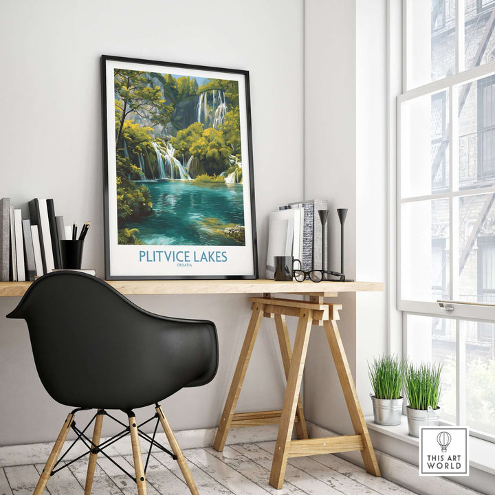 Plitvice Lakes waterfall poster displayed in a modern home office, enhancing nature-inspired decor.