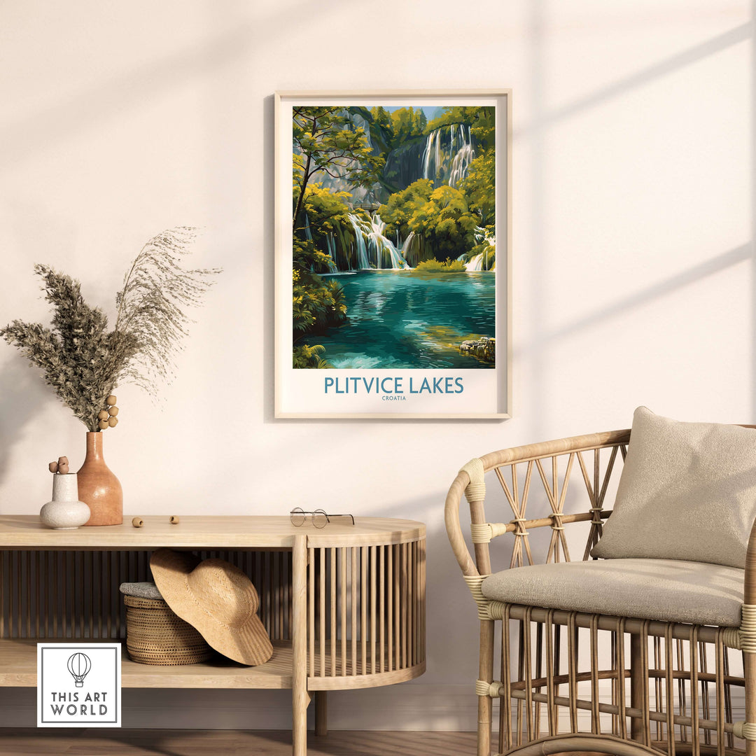 Plitvice Lakes National Park waterfall poster in a cozy living room setting.