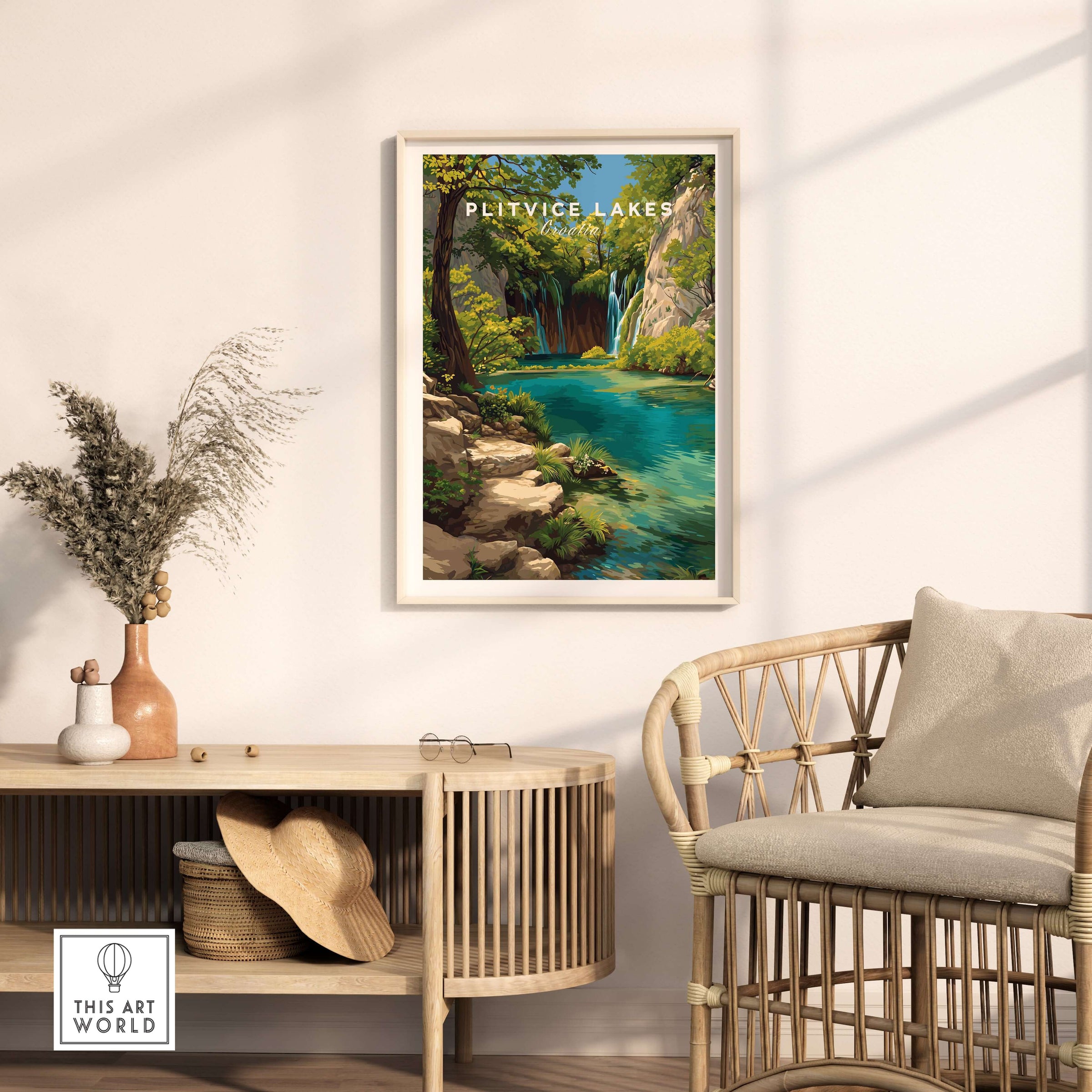Croatia Waterfall Poster, Plitvice Lakes Wall Decor, Nature Landscape Print displayed in a modern interior setting.