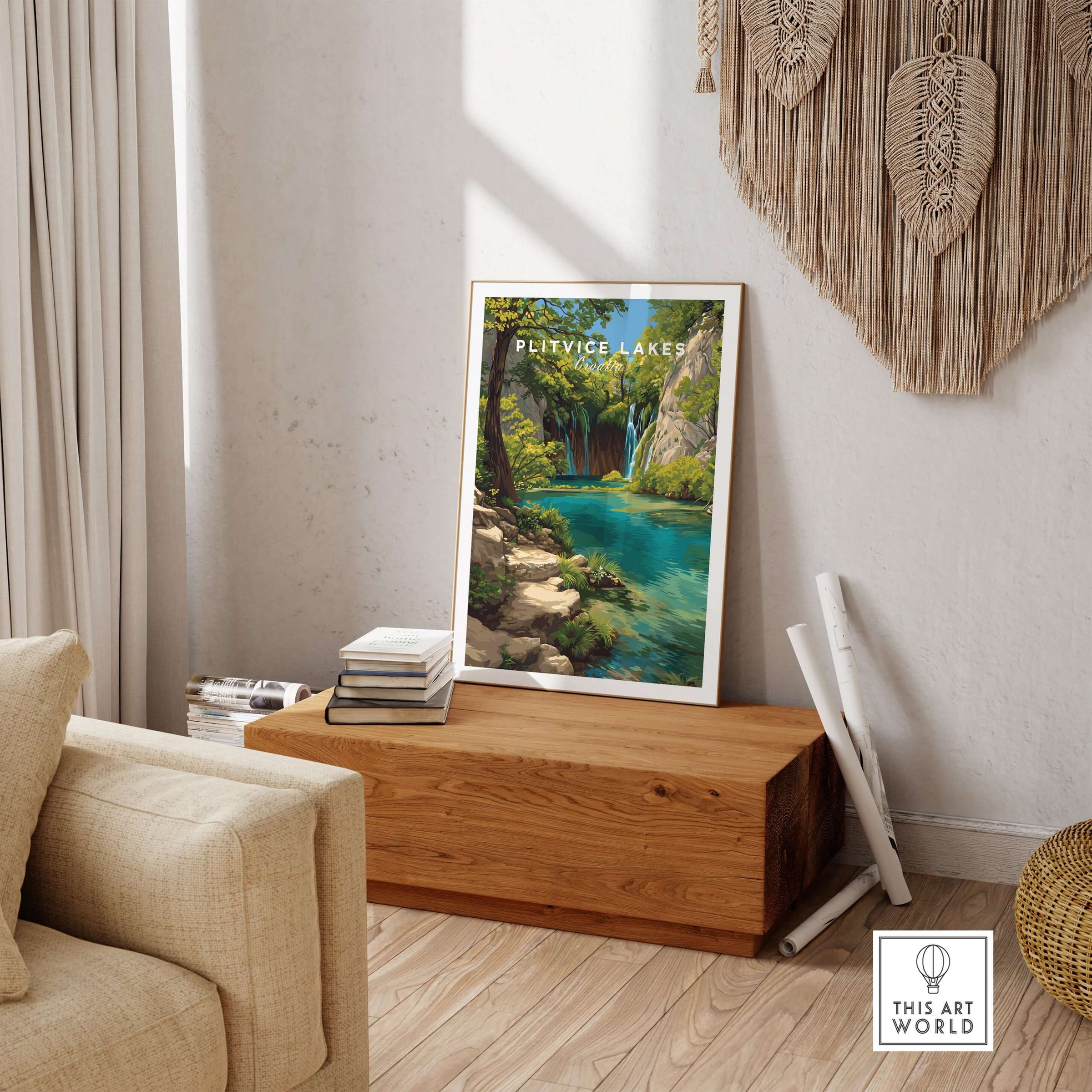 Croatia Waterfall Poster, Plitvice Lakes Wall Decor, Nature Landscape Print displayed in a modern living room.