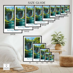 Plitvice Lakes Waterfall Poster, Croatia Travel Print, Blue Lake Wall Decor size guide with framed options
