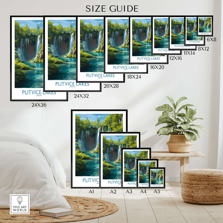 Size guide for Plitvice Lakes Waterfall poster prints, showcasing various sizes and dimensions for home decor.