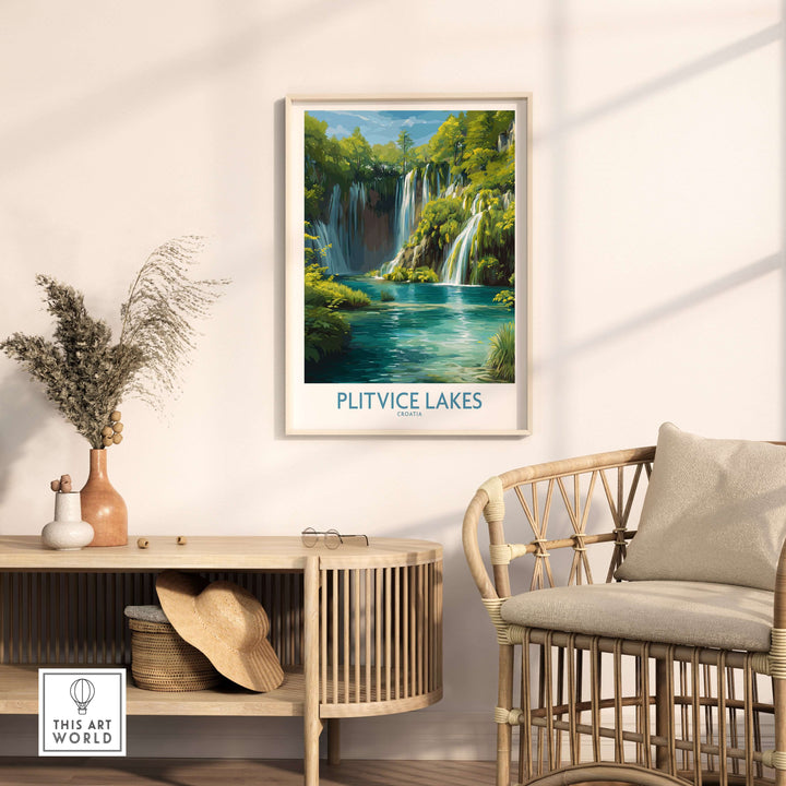 Plitvice Lakes waterfall poster in a stylish living room, showcasing vibrant blue lake and lush greenery.