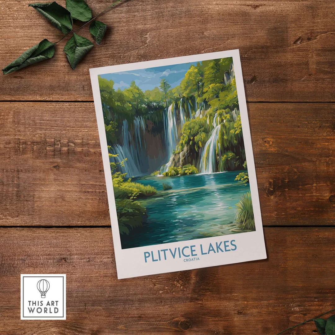 Plitvice Lakes Waterfall poster featuring serene blue lake and lush greenery, perfect for travel and nature decor.