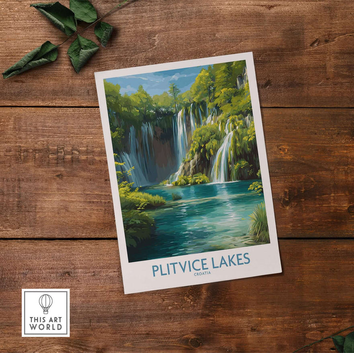 Plitvice Lakes Waterfall poster featuring serene blue lake and lush greenery, perfect for travel and nature decor.