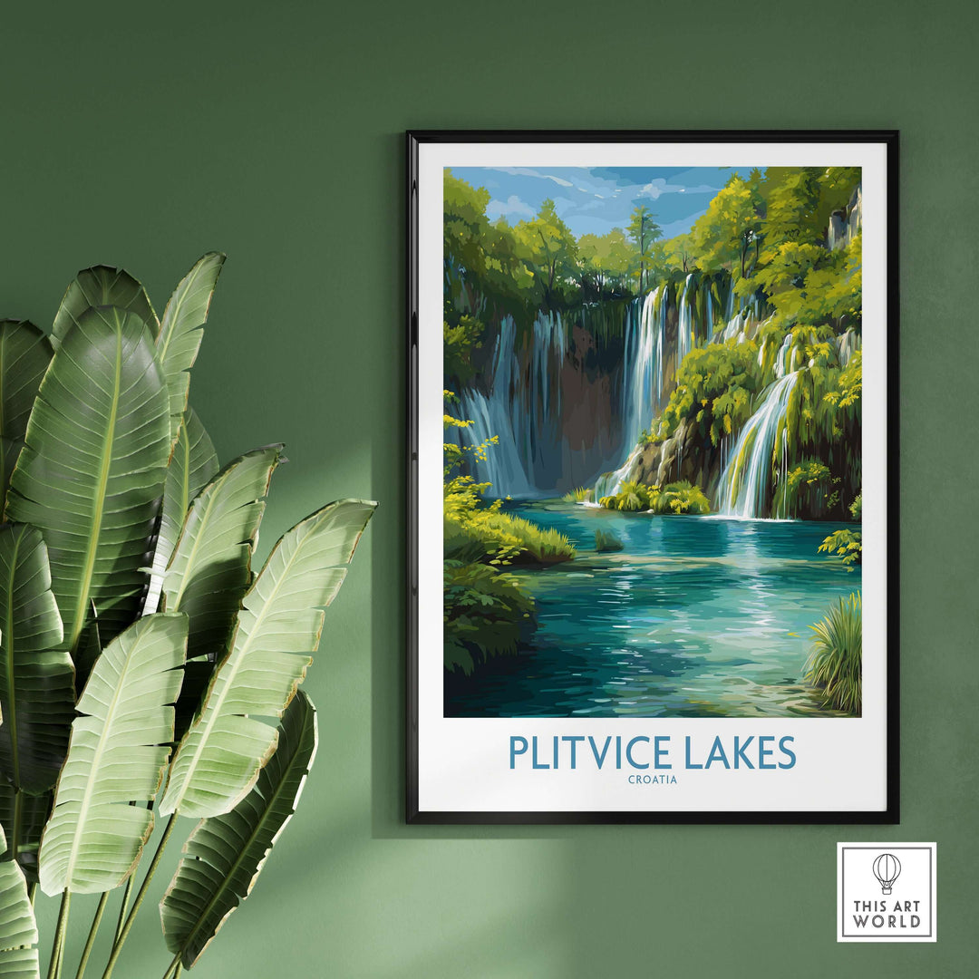 Plitvice Lakes waterfall poster showcasing vibrant blue lake and cascading waters, perfect for home decor.