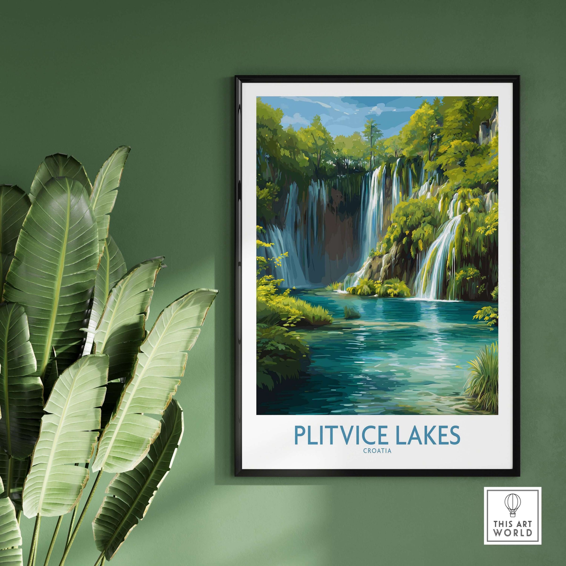 Plitvice Lakes Waterfall Poster, Croatia Travel Print, Blue Lake Wall Decor framed on a green wall with leafy plants.