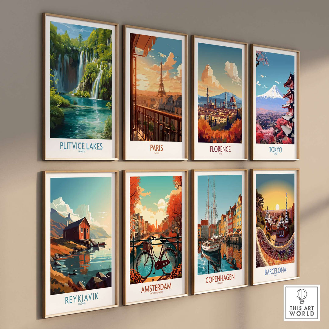 Gallery wall of travel posters featuring Plitvice Lakes, Paris, Florence, Tokyo, Reykjavik, Amsterdam, Copenhagen, and Barcelona.